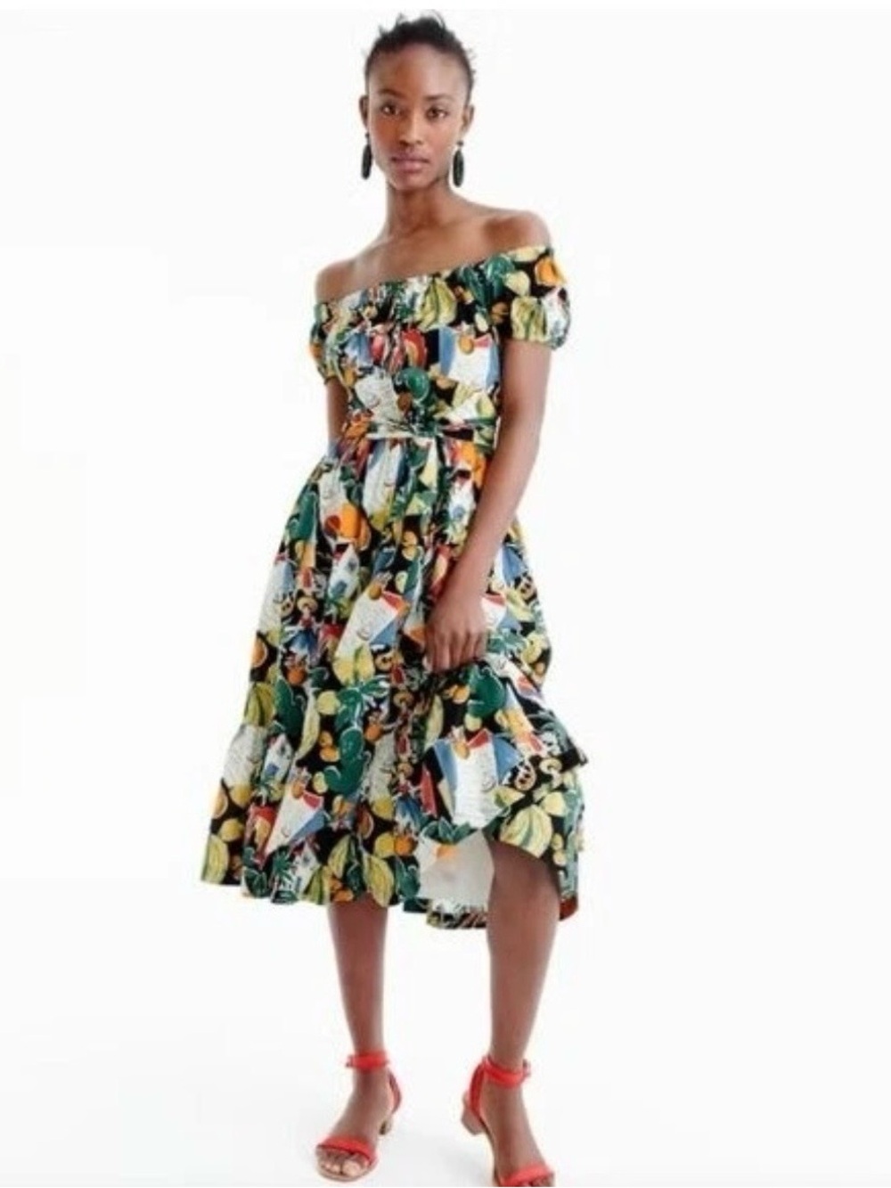 J.Crew Postcard Midi Dress Cotton Tropical Off the Shoulder Sz 14 MISSING BELT